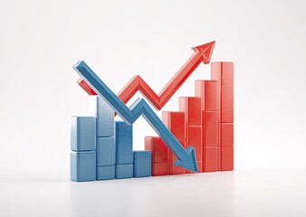 3D rendering of a financial graph showing a red arrow up and a blue arrow down