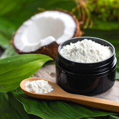 Close-up shot of coconut, powder, leaves, and wooden spoon