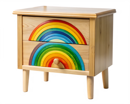 Wooden bedside table with colorful rainbow painted on drawers isolated on white background
