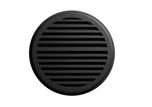 A round, dark gray speaker cover, featuring horizontal parallel bars within a circular frame