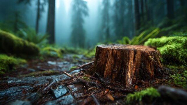 A close-up of a tree stump amidst a foggy forest evokes a sense of mystery and tranquility, surrounded by lush greenery and ethereal lighting that captures nature's beauty. - Powered by Adobe