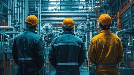 Three Industrial Workers Inspecting a Complex Factory Interior with Pipes and Machinery Wearing Hard Hats and Protective Gear, Back View