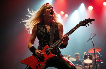 Obraz premium Blonde woman sings and plays guitar on stage. Female musician performs at rock concert with lights in background. Artist holds electric instrument. She sings loudly.