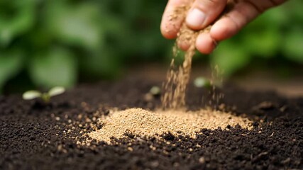 Hand pouring soil into garden bed for planting new seeds and growth