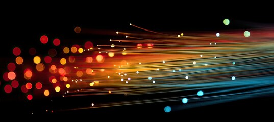 Abstract artwork featuring a vibrant display of colorful lines and bokeh lights on a black background