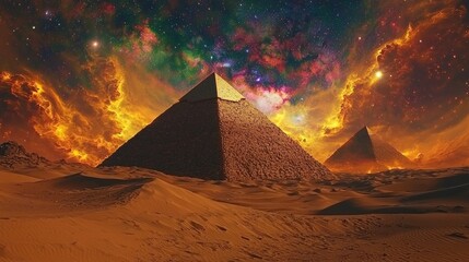 Majestic Pyramids of Giza in the Sahara Desert under a Vibrant Nebula Sky, Ancient Wonders, Egypt, Travel Destination, Fantasy Landscape