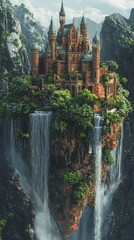 Majestic Fantasy Castle Perched Atop Rocky Cliff with Cascading Waterfalls and Lush Greenery, Fairytale Landscape
