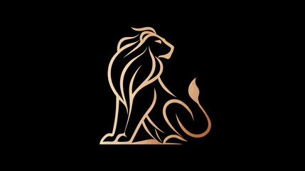 Elegant golden line art lion icon on black background, majestic sitting animal symbol, powerful digital graphic design element