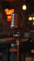 Vintage Microphone on Stage with Blurred Background, Retro Style, Concert, Music Performance, Entertainment, Classic Design, Close-up, Studio Equipment