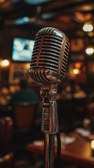 Vintage Chrome Microphone on Stage in Dimly Lit Jazz Club, Performance Ready, Music and Entertainment Venue