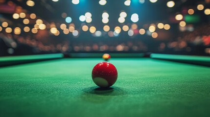 Red Pool Ball on Green Felt Billiard Table with Blurred Crowd and Stage Lights in Background, Indoor Game