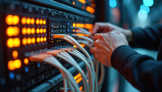 Specialist installs network cables in server room. Hands connect wires to rack mounted switch. Data center tech works with fiber optics. IT pro at work on data transfer, communication infrastructure.