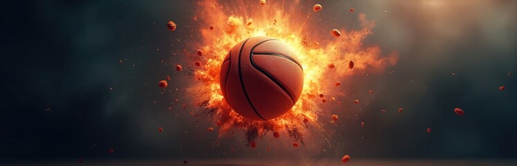 Fototapeta premium Basketball explodes in a burst of fire and energy. Intense visual represents power impact and dynamic game action. Sport artwork creates strong powerful metaphor for basketball.