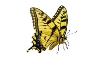 Isolated Eastern tiger swallowtail butterfly on display with wings up, detailed, colorful