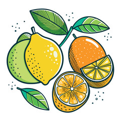 Colorful citrus fruit illustration featuring oranges, lemons, and limes with fresh green leaves, drawn in a vibrant cartoon style