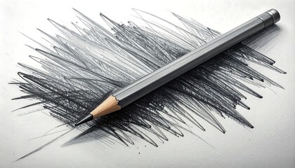 A graphite pencil rests on a sheet of paper with scribbled lines.