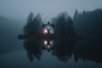Obraz premium Small white house on an island reflects in still lake with a misty forest in background