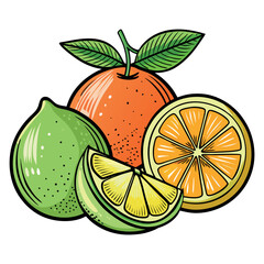 Colorful citrus fruit illustration featuring oranges, lemons, and limes with fresh green leaves, drawn in a vibrant cartoon style