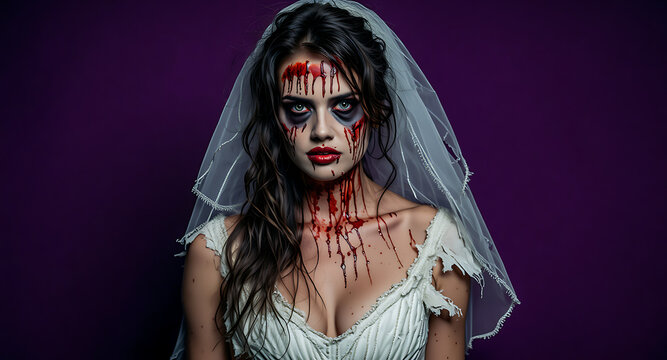 A terrifying portrait of a woman in a bloody zombie bride costume for Halloween.