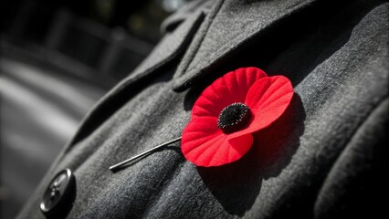 Red remembrance poppy pinned to a textured grey coat lapel