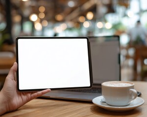 Mockup screen digital tablet. Woman holding digital tablet with blank white screen with laptop computer on table at coffee shop, template for web app design or social media marketing. Self-employed