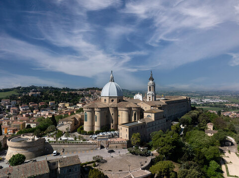 Aerial view of Loreto basilica in Italy under blue skies