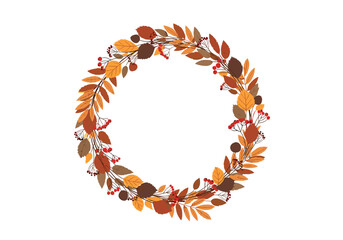 Obraz premium An autumnal wreath displaying a variety of leaves in warm fall colors like orange brown and yellow.