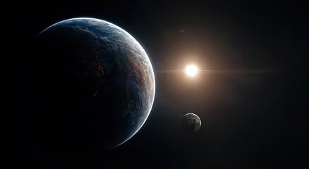 A cosmic view of a planet with another celestial body illuminated by a bright star