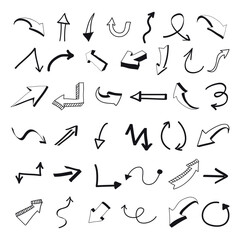 Hand-drawn vector arrows set: a black sketch doodle collection of unique symbols and icons for design and illustration patterns