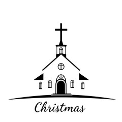 simple black and white christmas church illustration with cross on top
