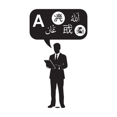 Flat Silhouette Design: Man Holding Tablet with Multilingual Speech Bubble