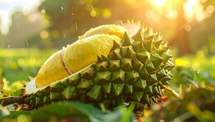 A split, spiky fruit reveals vibrant yellow segments under a sunlit, bokeh background with water droplets