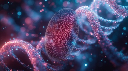 A fingerprint surrounded by DNA strands, emphasizing security and genetics, applicable to discussions of biometrics and personalized medicine.