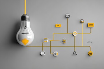 A stylized lightbulb hangs, connected by yellow lines to various business icons on a gray backdrop