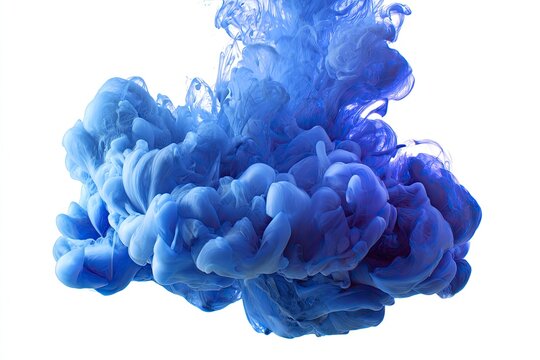 Swirling, vibrant blue ink plumes, contrasted against a pristine white background, fluid and cloud-like