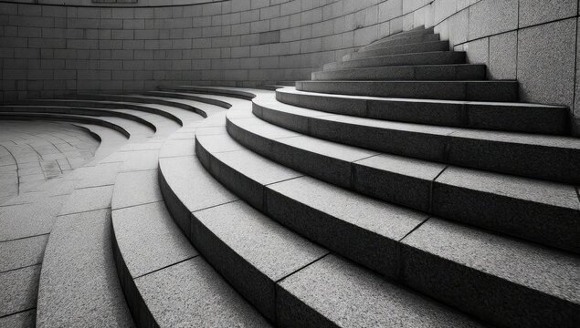 A monochrome architectural view of curved stairs leading upwards with a circular, layered design