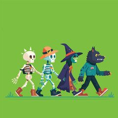 Cute Halloween cartoon characters walking together, fun modern art mascot illustration with skeleton, witch, zombie and werewolf