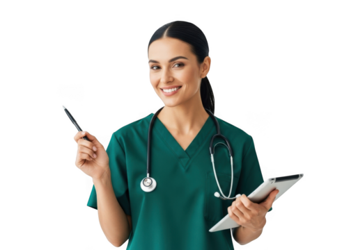 Smiling female doctor in green scrubs holding tablet and pen pointing towards the viewer isolated on transparent background
