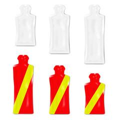 Tear notch bottle shaped sachet package. Realistic 3d vector mockup set. White and color design. Easy editable. Flat plastic bag. Mock-up. Single serve, product sample pouch packaging. Template