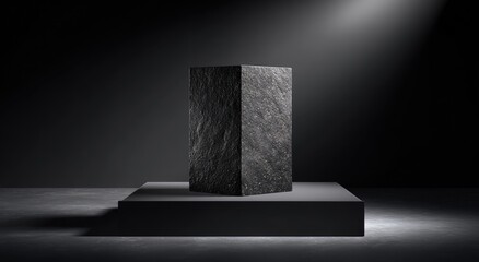 Minimalist product display against a dark background; a single rectangular block on a platform