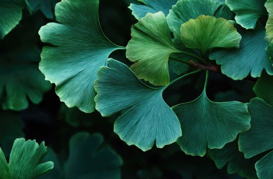 Close-up of vibrant green, fan-shaped leaves on a tree branch against a dark background - Powered by Adobe