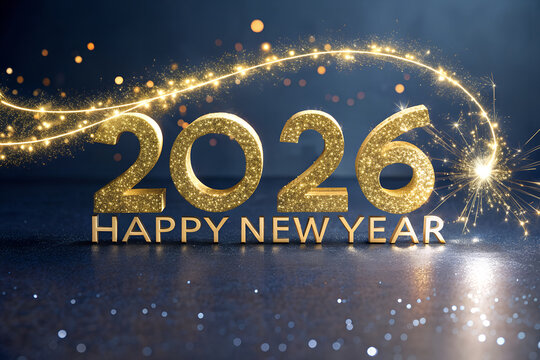 2026 Happy New Year design with glittering gold text, sparkler trail, and dark background — perfect for elegant holiday campaigns and celebration visuals. generative ai - Powered by Adobe