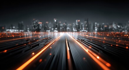 Futuristic cityscape at night with luminous lines converging towards a distant metropolis