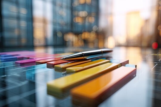 Close-up shot of a pen resting on colorful bar graphs with a blurred cityscape backdrop