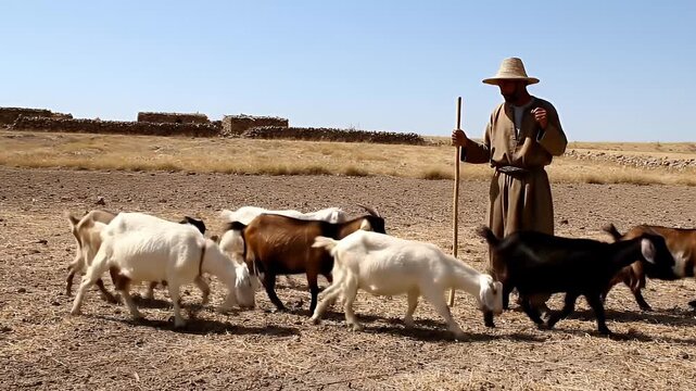 Shepherd guides a flock of goats across a dry, arid landscape male farmer