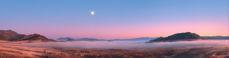Obraz premium Panoramic view of rolling hills and valleys shrouded in morning fog under a gradient sky with a moon