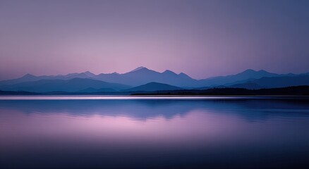 Serene view of tranquil lake with mountain range silhouette under a dusky, purple sky