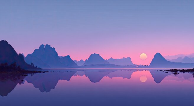 Tranquil dusk scene. Silhouetted mountain range reflects on calm water under a gradient purple sky