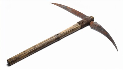 Obraz premium Antique Scythe with Curved Rusted Blade and Worn Wooden Handle Symbolizing Historical Agriculture Manual Labor and Rural Craftsmanship for Editorial and Lifestyle Use