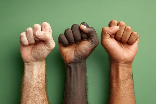 Three clenched fists of varying skin tones raised against a green background, promoting unity